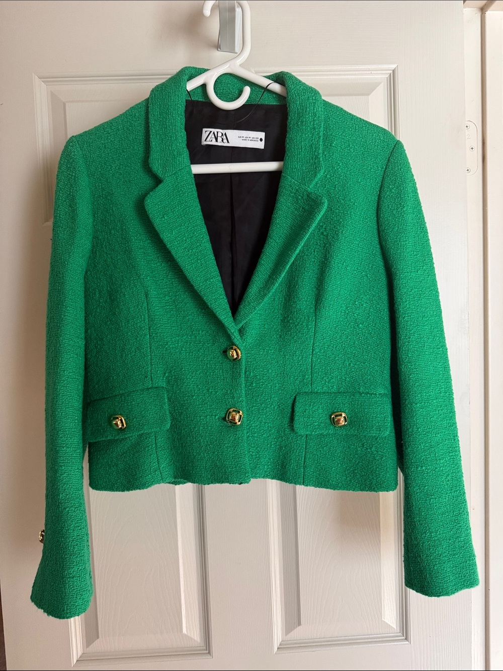 Zara Green Bouclé Cropped Blazer with Gold Buttons